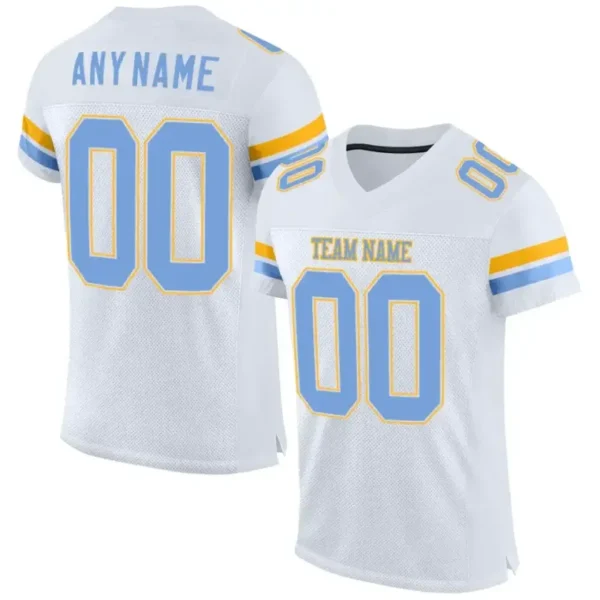 Custom White Mesh Football Jersey with Light Blue-Gold