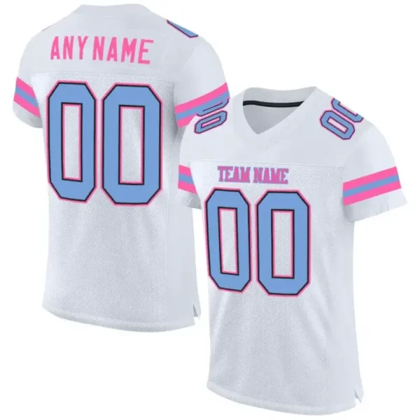 Custom White Mesh Football Jersey with Light Blue-Pink