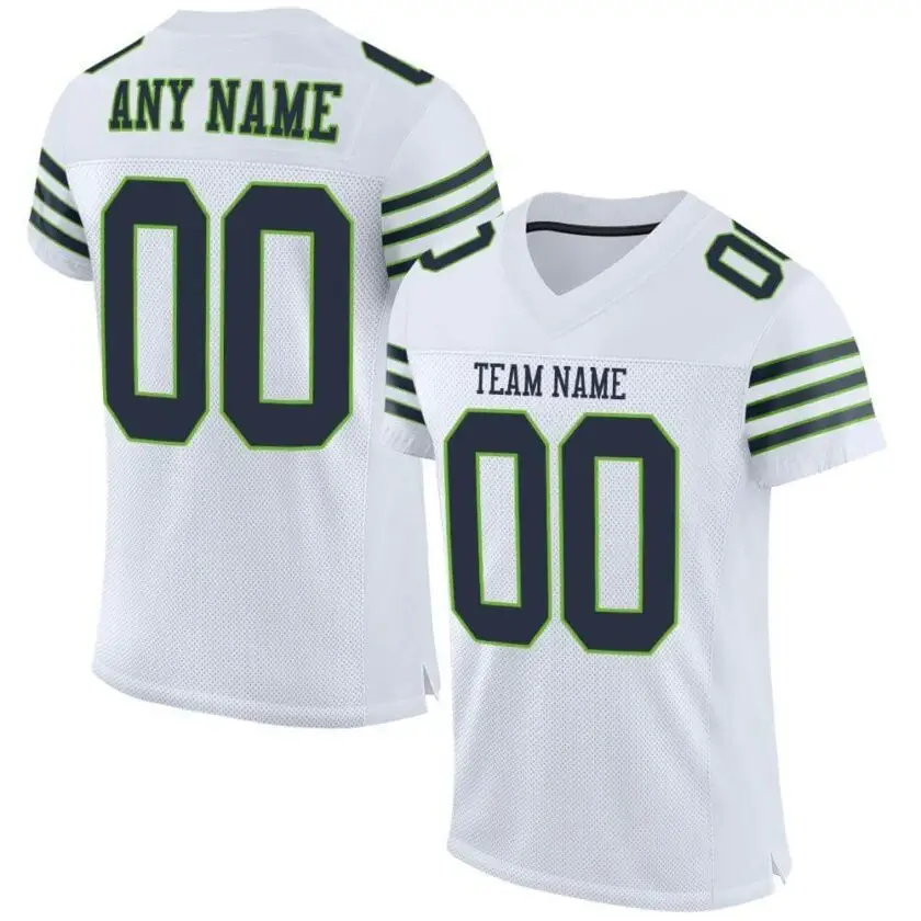 Custom White Mesh Football Jersey with Navy-Neon Green