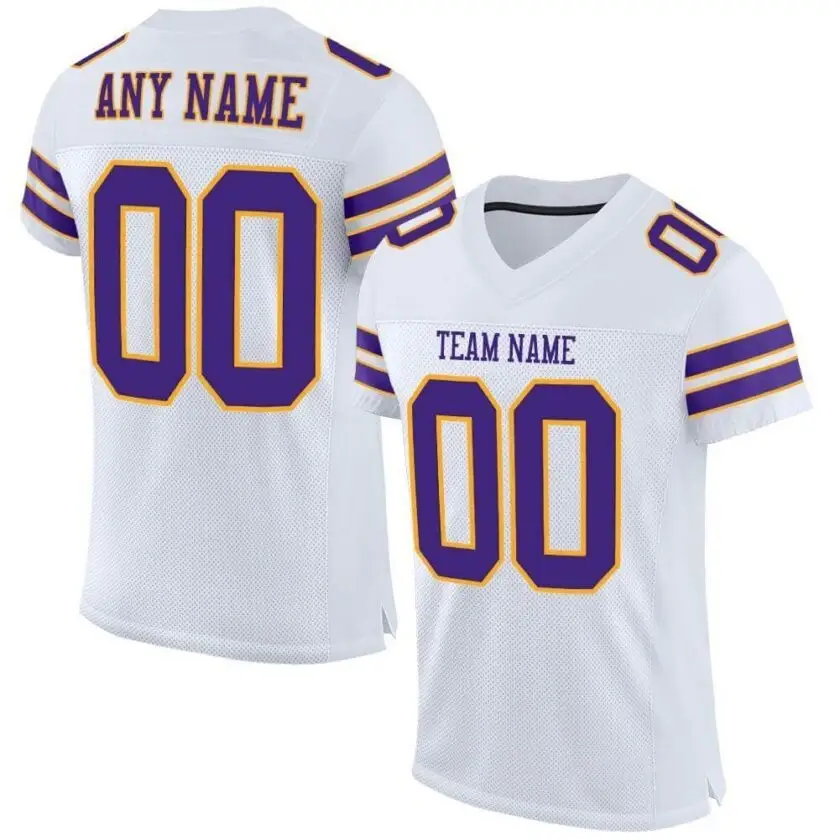 Custom White Mesh Football Jersey with Purple-Gold
