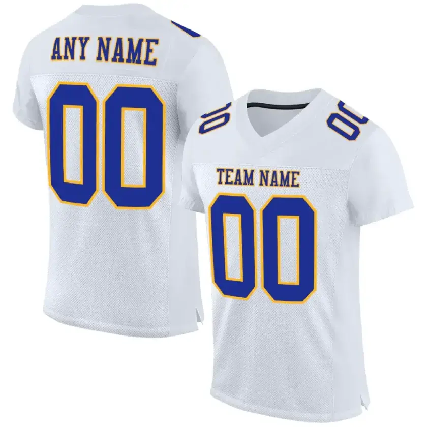 Custom White Mesh Football Jersey with Royal-Gold