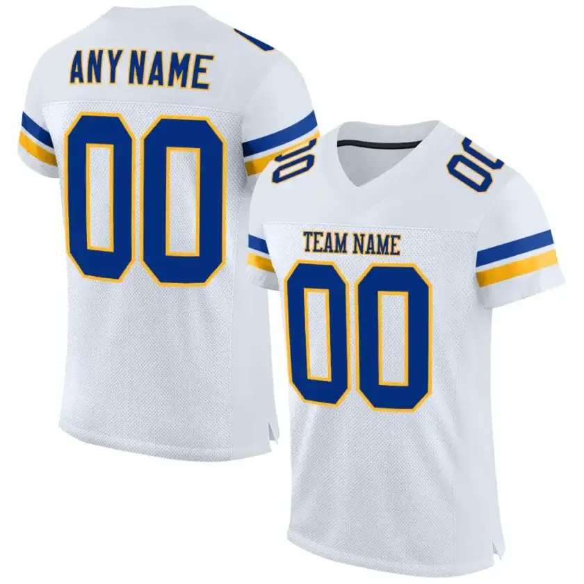 Custom White Mesh Football Jersey with Royal-Gold