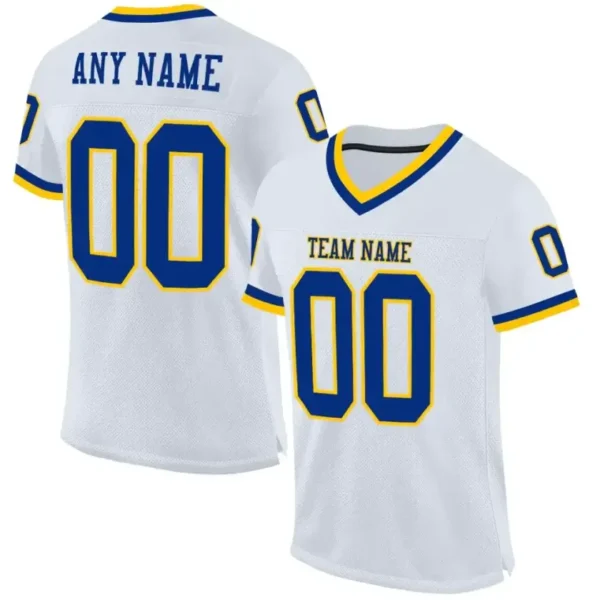 Custom White Mesh Throwback Football Jersey with Royal-Gold