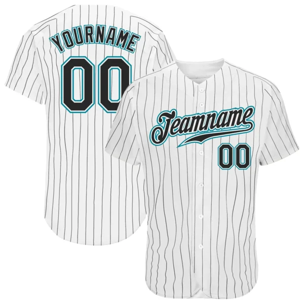 Custom White Pinstripe Baseball Jersey with Black-Teal