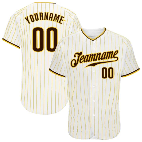 Custom White Pinstripe Baseball Jersey with Brown-Gold
