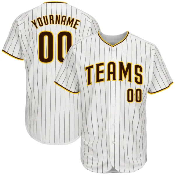 Custom White Pinstripe Baseball Jersey with Brown-Gold