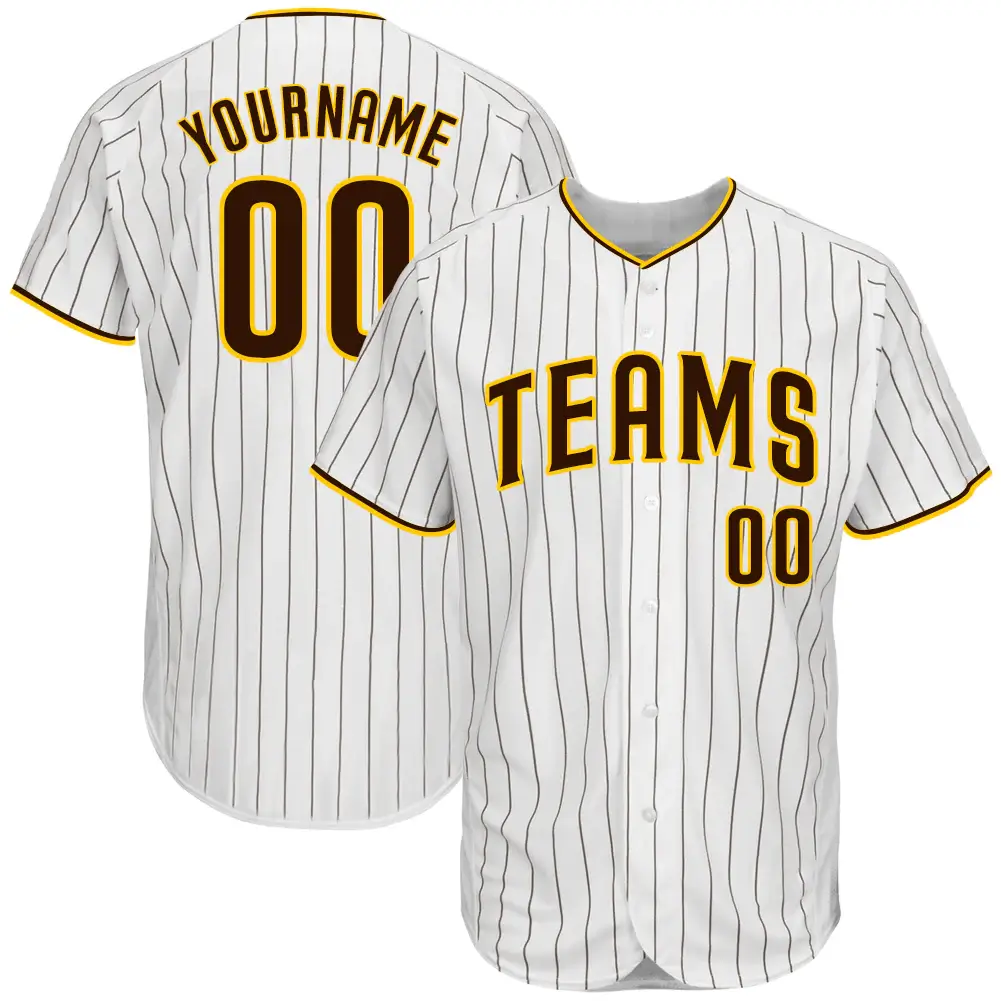 Custom White Pinstripe Baseball Jersey with Brown-Gold