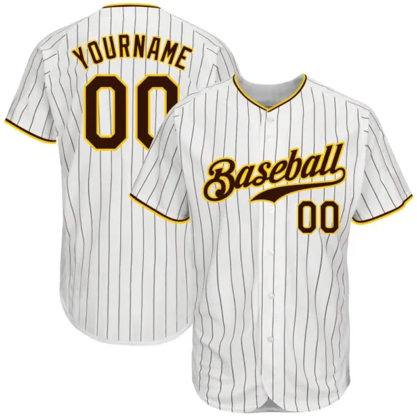Custom White Pinstripe Baseball Jersey with Brown-Gold