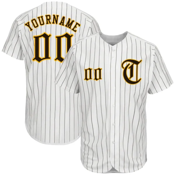 Custom White Pinstripe Baseball Jersey with Brown-Gold