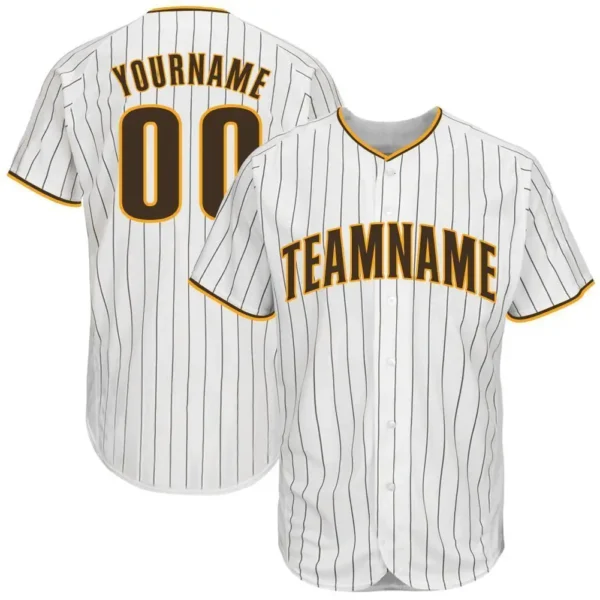 Custom White Pinstripe Baseball Jersey with Brown-Gold