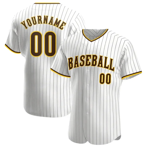Custom White Pinstripe Baseball Jersey with Brown-Gold