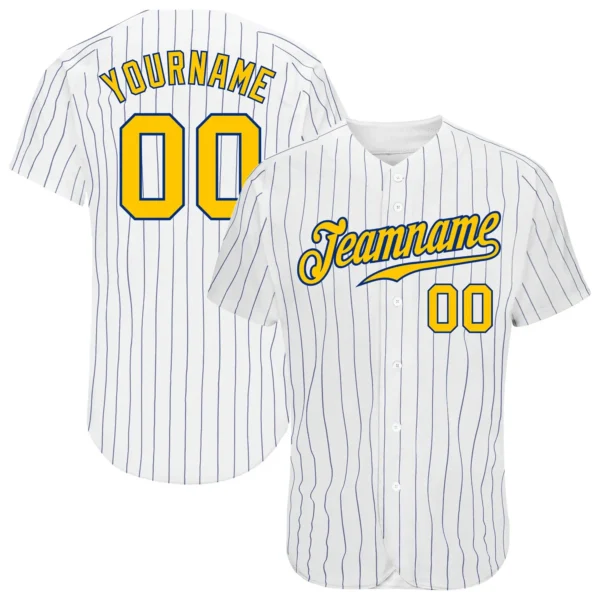 Custom White Pinstripe Baseball Jersey with Gold-Royal