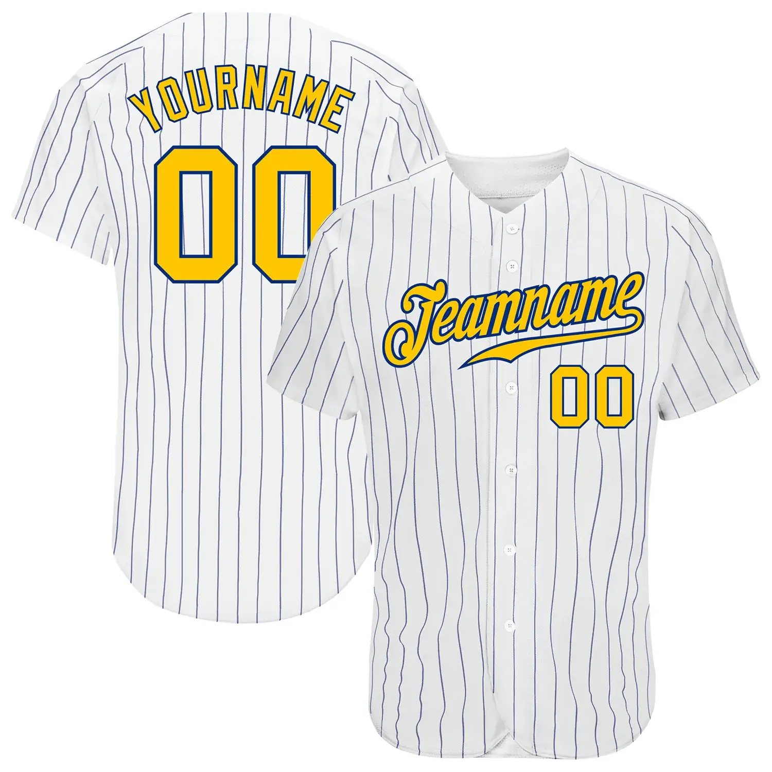 Custom White Pinstripe Baseball Jersey with Gold-Royal