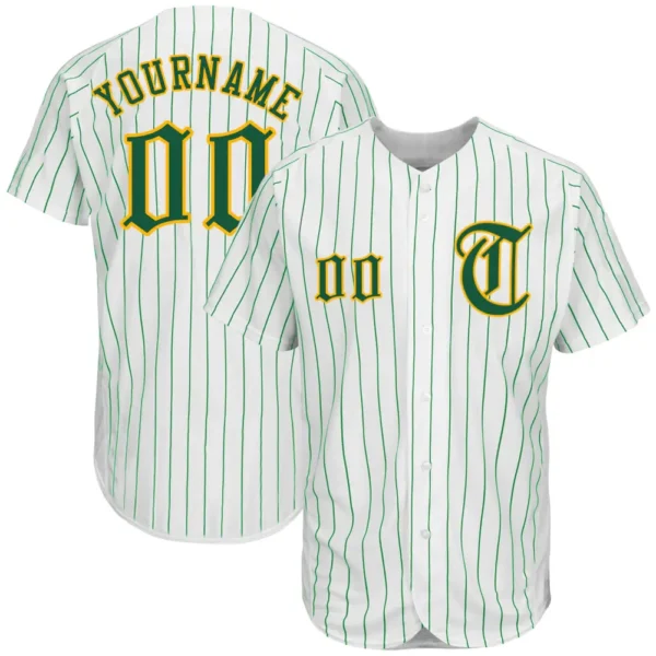 Custom White Pinstripe Baseball Jersey with Kelly Green-Gold