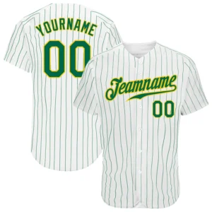 Custom White Pinstripe Baseball Jersey with Kelly Green-Gold