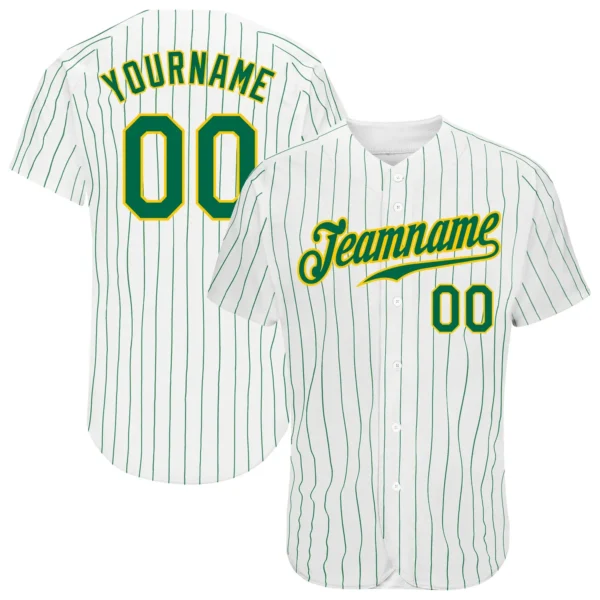 Custom White Pinstripe Baseball Jersey with Kelly Green-Gold