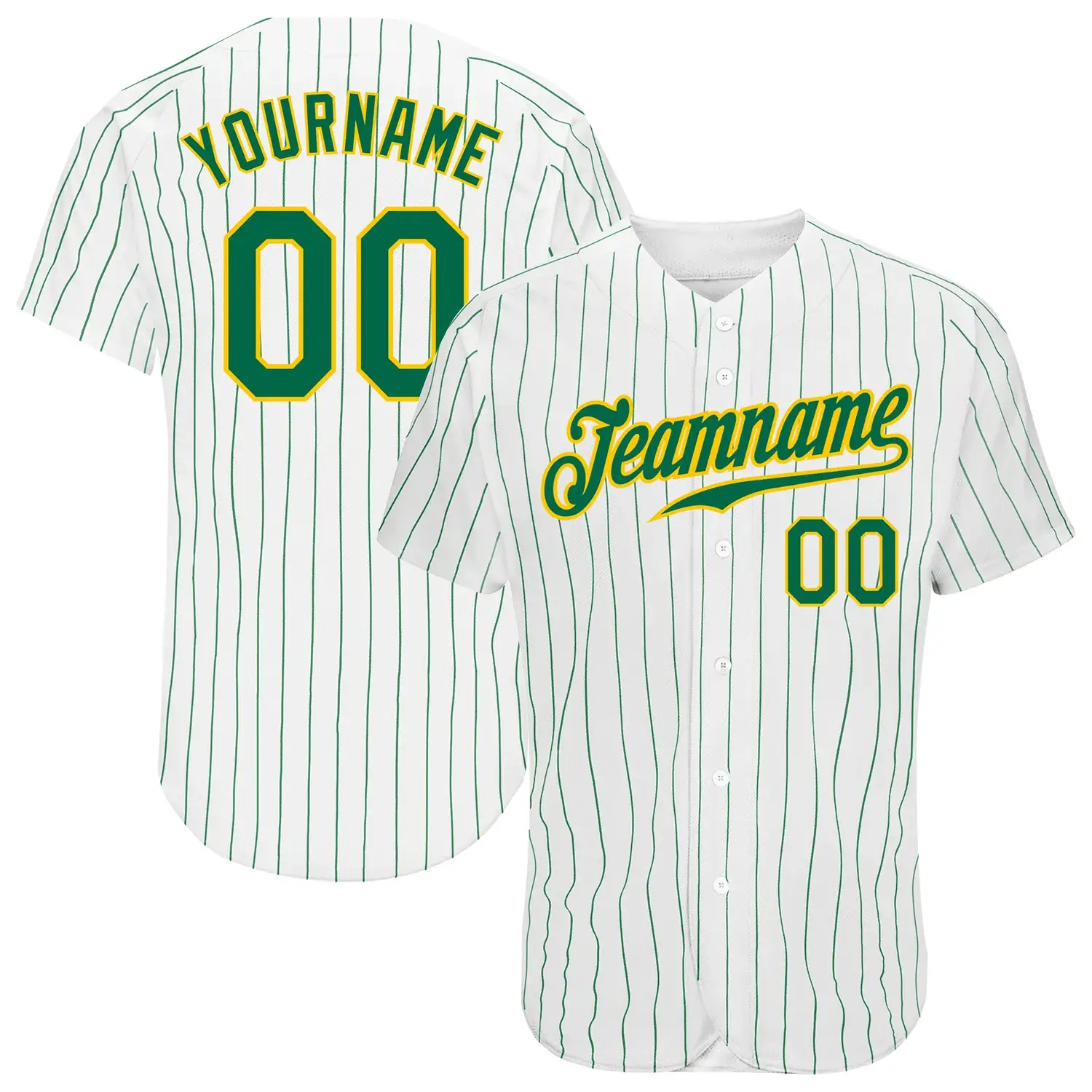Custom White Pinstripe Baseball Jersey with Kelly Green-Gold