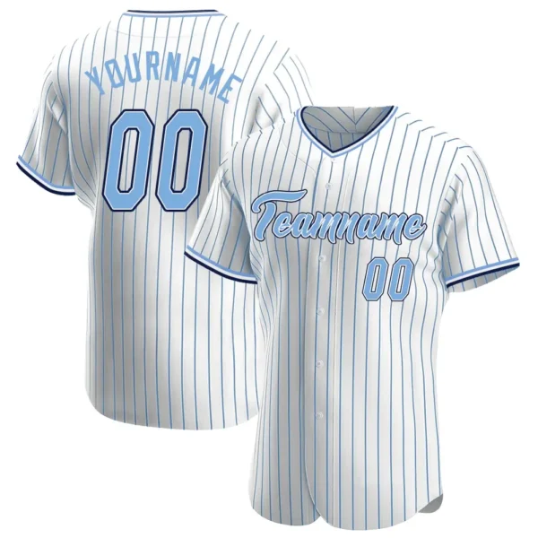 Custom White Pinstripe Baseball Jersey with Light Blue-Navy