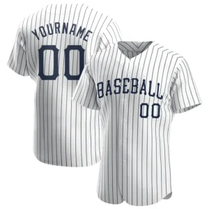Custom White Pinstripe Baseball Jersey with Navy