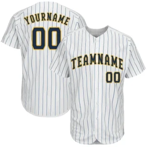 Custom White Pinstripe Baseball Jersey with Navy