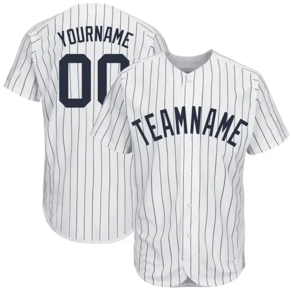 Custom White Pinstripe Baseball Jersey with Navy