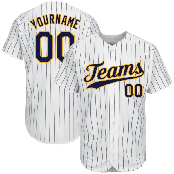Custom White Pinstripe Baseball Jersey with Navy-Gold