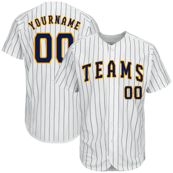 Custom White Pinstripe Baseball Jersey with Navy-Gold