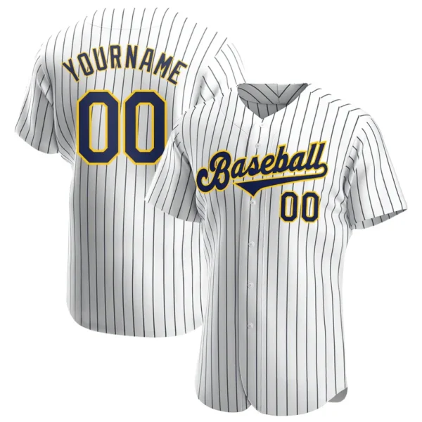 Custom White Pinstripe Baseball Jersey with Navy-Gold