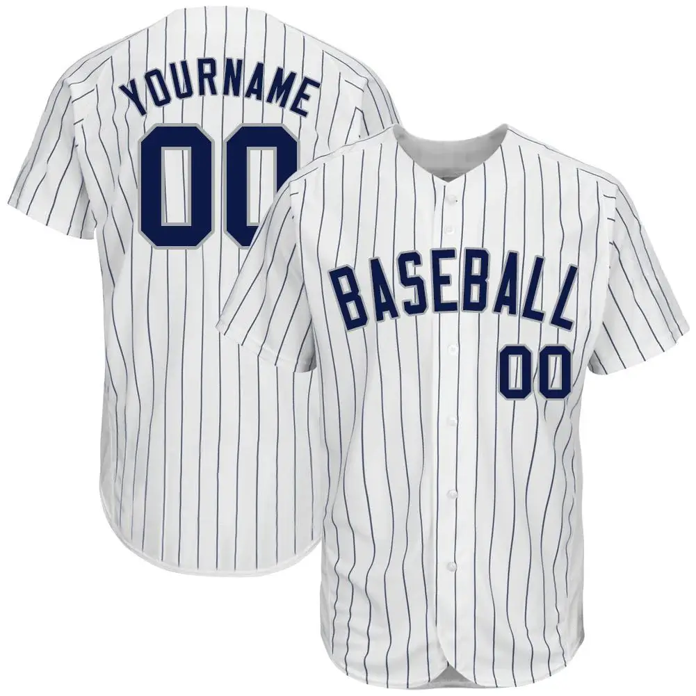Custom White Pinstripe Baseball Jersey with Navy-Gray