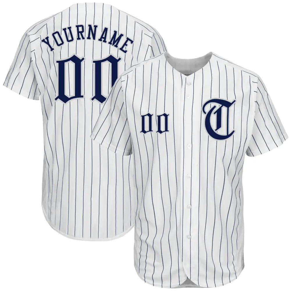Custom White Pinstripe Baseball Jersey with Navy-Gray