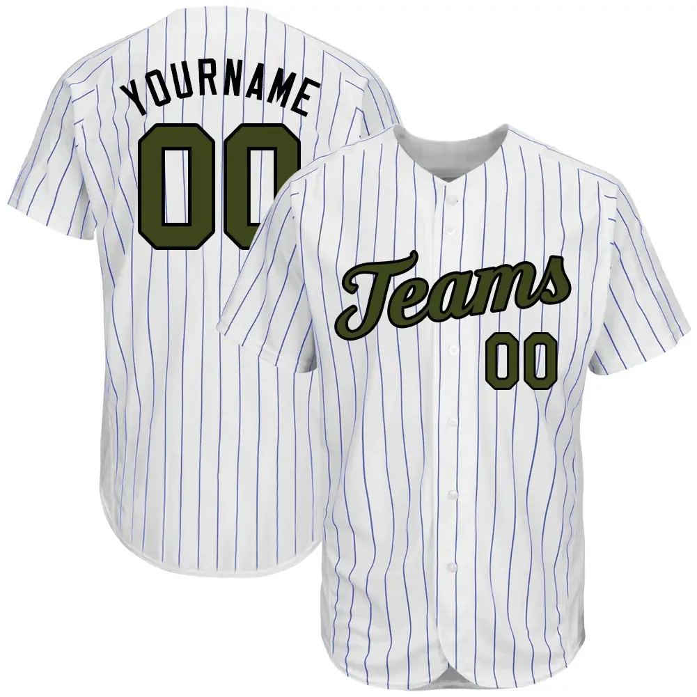 Custom White Pinstripe Baseball Jersey with Olive-Black