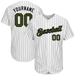 Custom White Pinstripe Baseball Jersey with Olive-Black