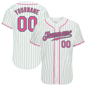Custom White Pinstripe Baseball Jersey with Pink-Kelly Green