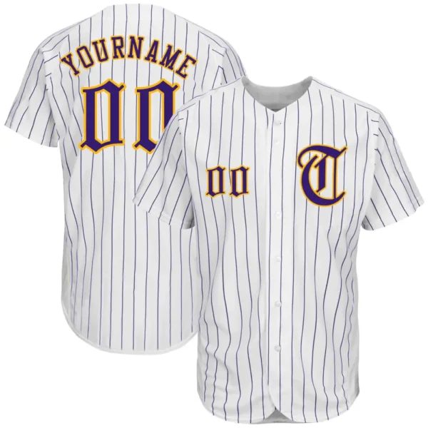 Custom White Pinstripe Baseball Jersey with Purple-Gold