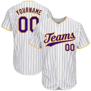 Custom White Pinstripe Baseball Jersey with Purple-Gold