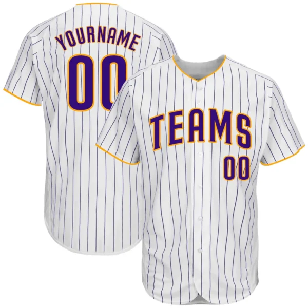 Custom White Pinstripe Baseball Jersey with Purple-Gold