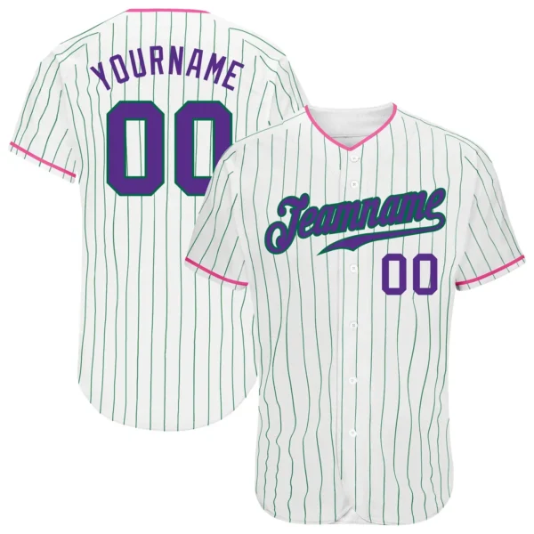 Custom White Pinstripe Baseball Jersey with Purple-Pink