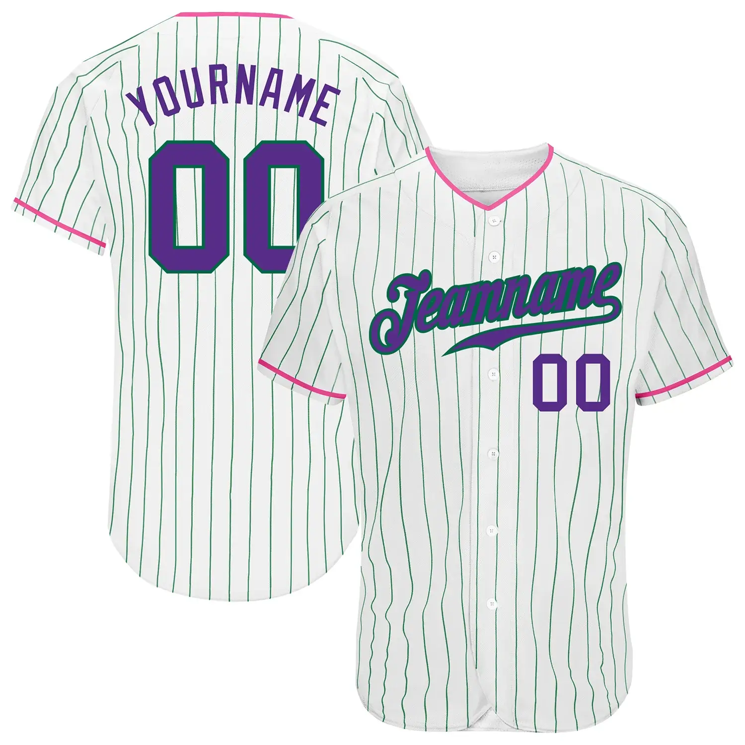 Custom White Pinstripe Baseball Jersey with Purple-Pink