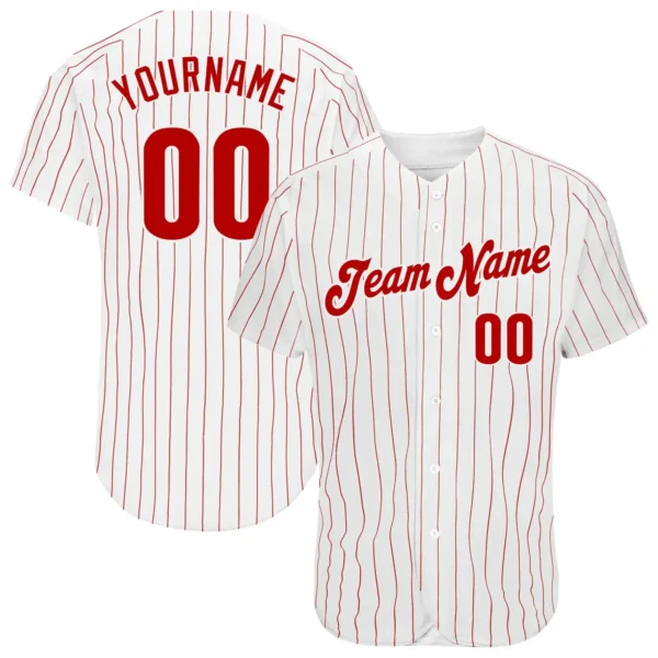 Custom White Pinstripe Baseball Jersey with Red