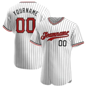 Custom White Pinstripe Baseball Jersey with Red-Black