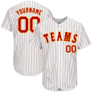 Custom White Pinstripe Baseball Jersey with Red-Gold