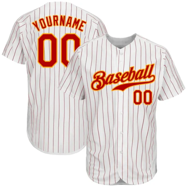 Custom White Pinstripe Baseball Jersey with Red-Gold