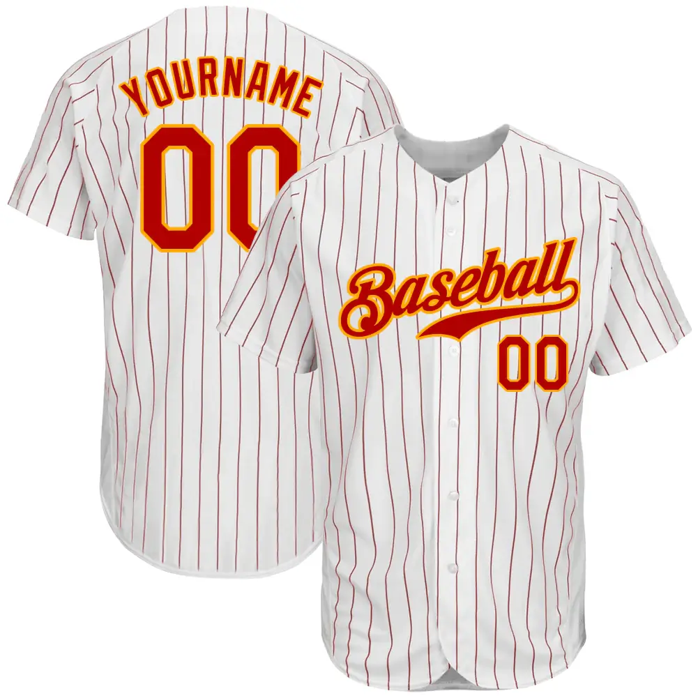 Custom White Pinstripe Baseball Jersey with Red-Gold