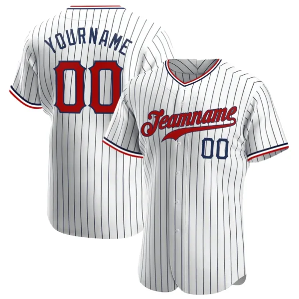 Custom White Pinstripe Baseball Jersey with Red-Navy