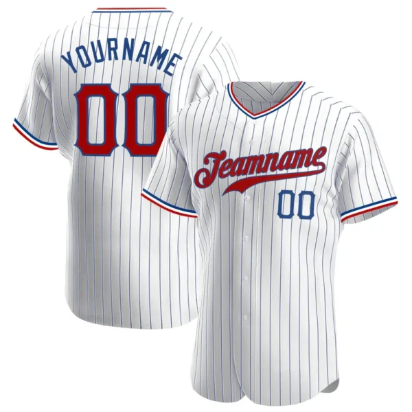 Custom White Pinstripe Baseball Jersey with Red-Royal