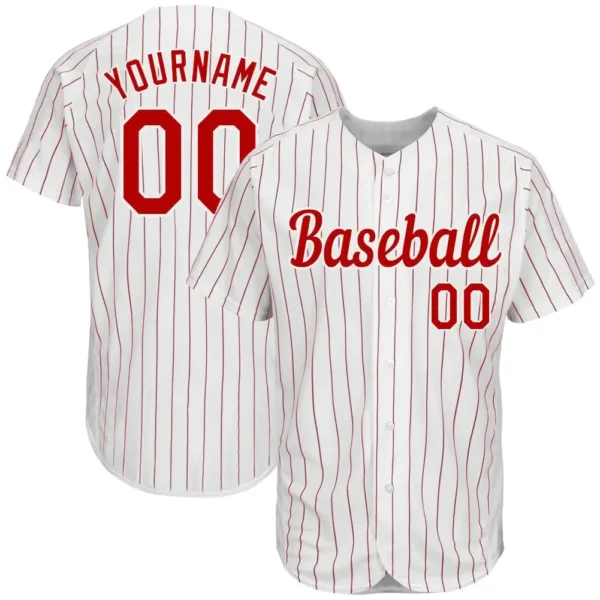 Custom White Pinstripe Baseball Jersey with Red-White