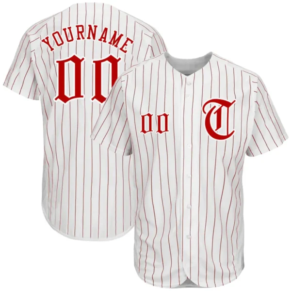 Custom White Pinstripe Baseball Jersey with Red-White