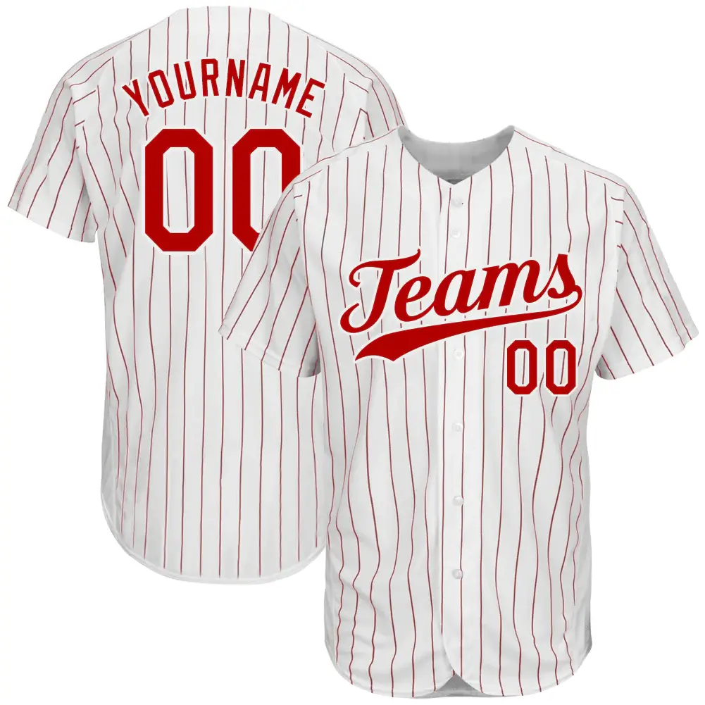 Custom White Pinstripe Baseball Jersey with Red-White