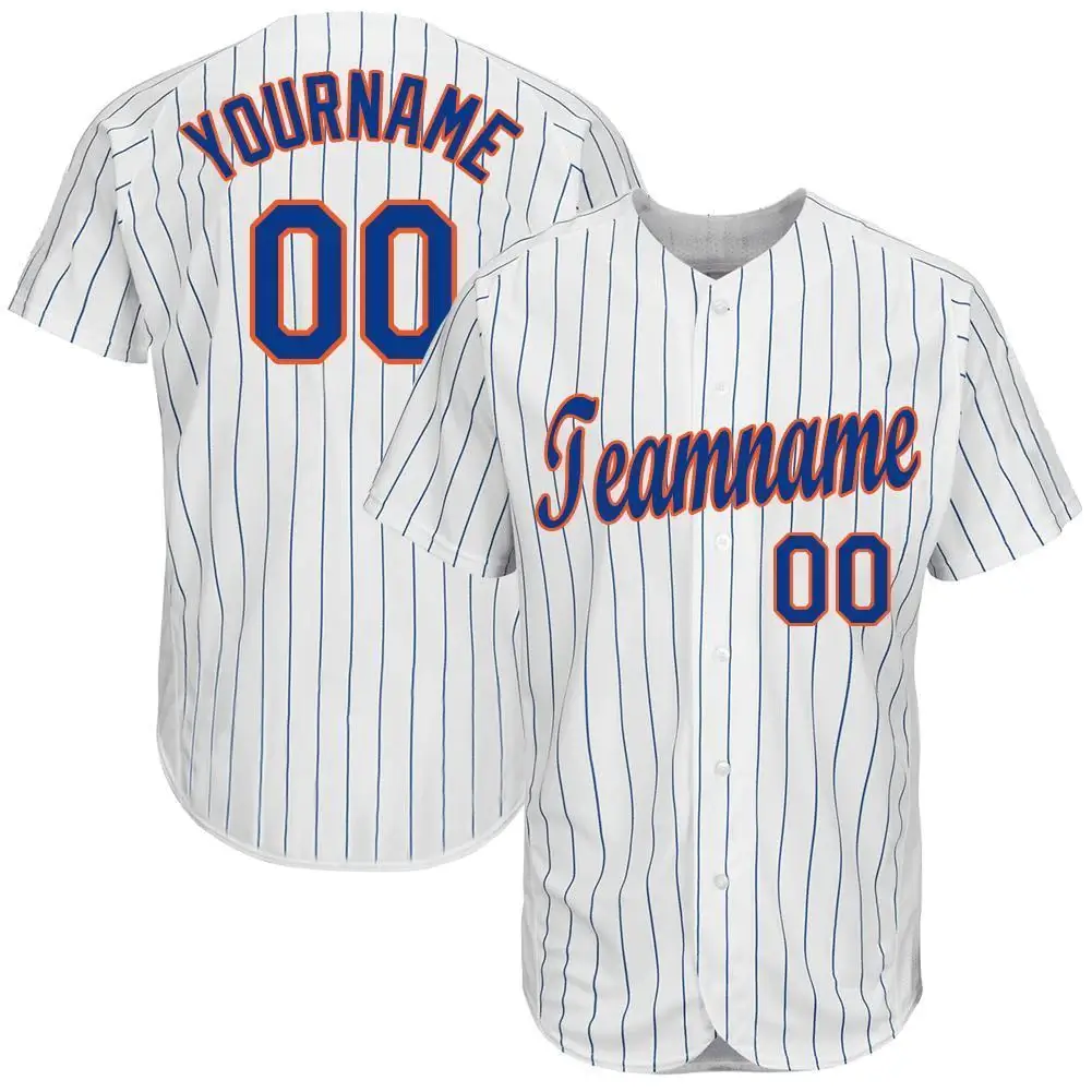 Custom White Pinstripe Baseball Jersey with Royal-Orange