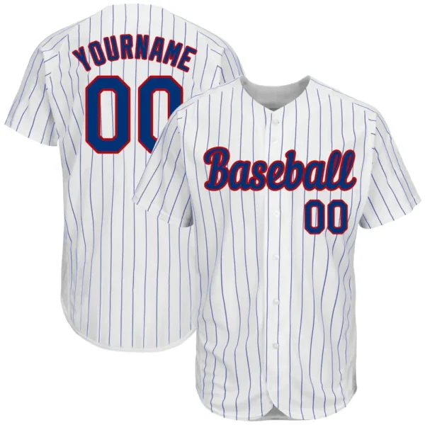 Custom White Pinstripe Baseball Jersey with Royal-Red